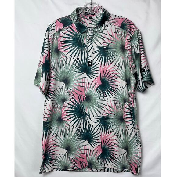 Bad Birdie Mens Med Pink/Green Palm Leaf Short Sleeve Vacation Golf Polo Shirt - Picture 1 of 7